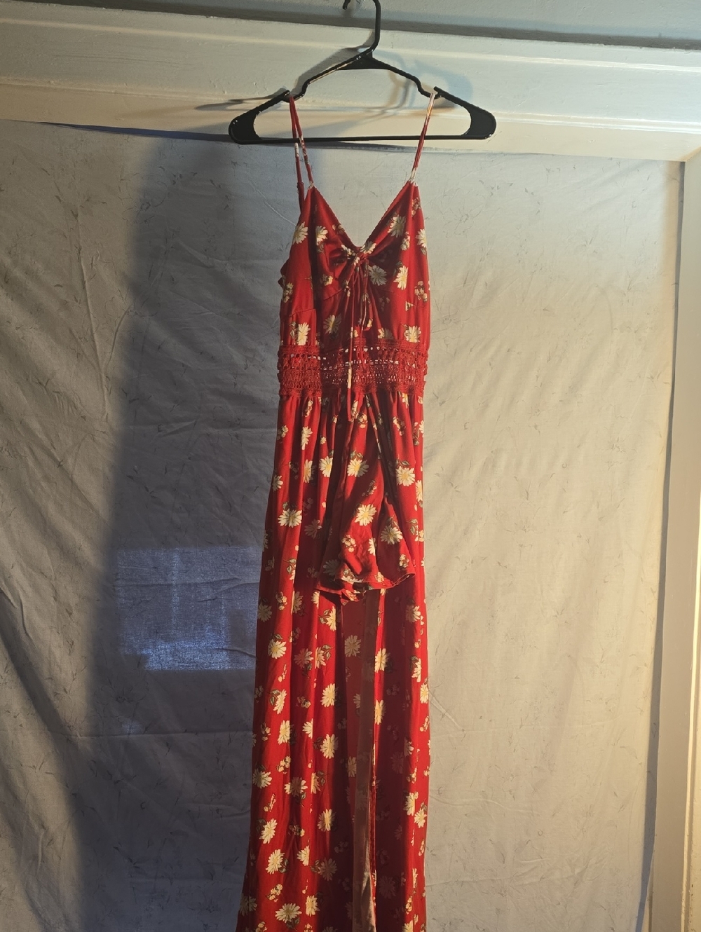 Red Floral V-Neck Smocked-Waist Romper